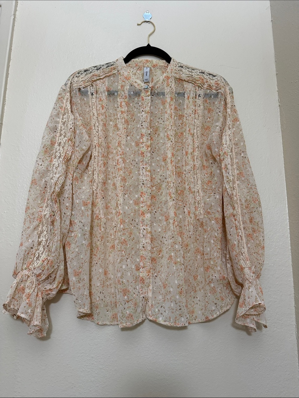 MNG Cottagecore Romantic Sheer Floral Lace-Detail Blouse - Ivory Peach Size L
